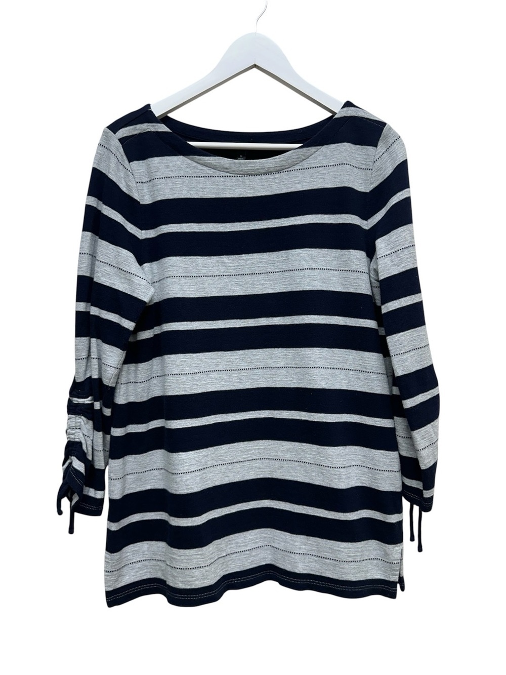 Talbots Shirt Top M Striped Boat Neck Ruched Sleeve 3/4 Light Gray Blue Women's